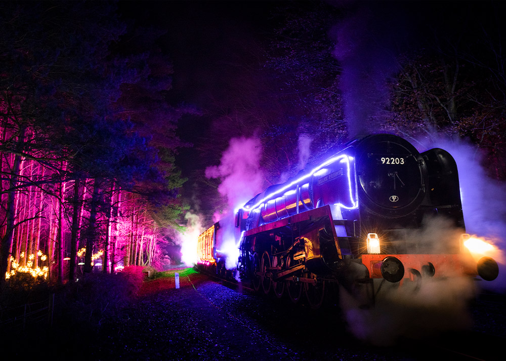 North Norfolk Railway Steam Train and forest Illumination